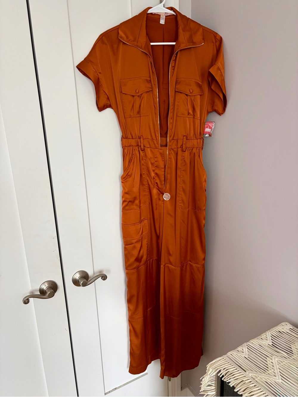 Hutch Satin Utility Jumpsuit in Rust Orange - Picture 3 of 6